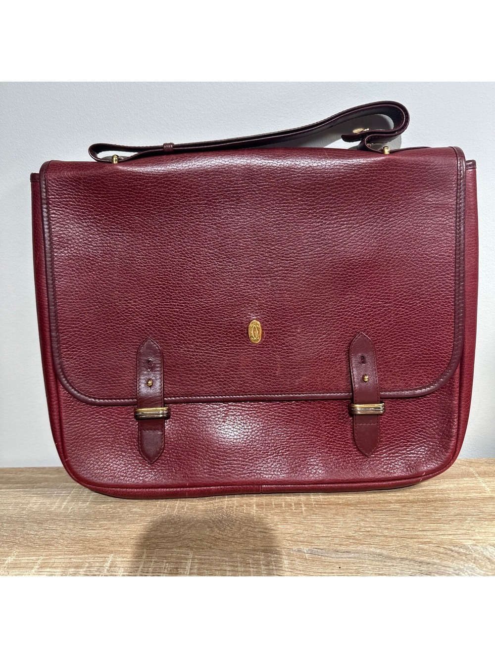 Vintage Must de Cartier Bordeaux Leather Messenger Briefcase Trinity Flap Bag